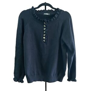 BTFBM Womens Small Sweater Pullover Top Black Knit Ruffle Trim 1/2 Button